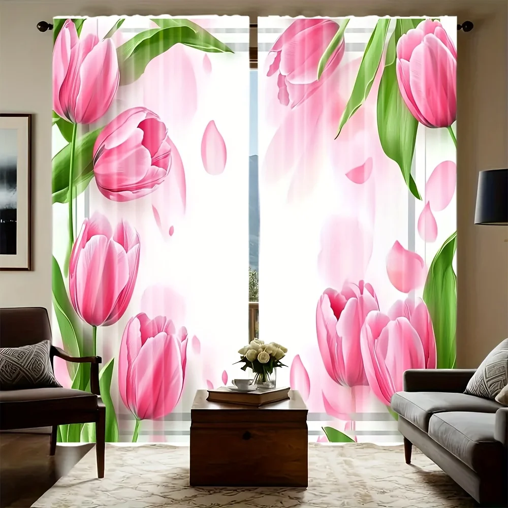 Digital Printed Curtains with Pink Tulips Design, Stylish Window Drapes for Living Room Bedroom Home Decoration and Kitchen