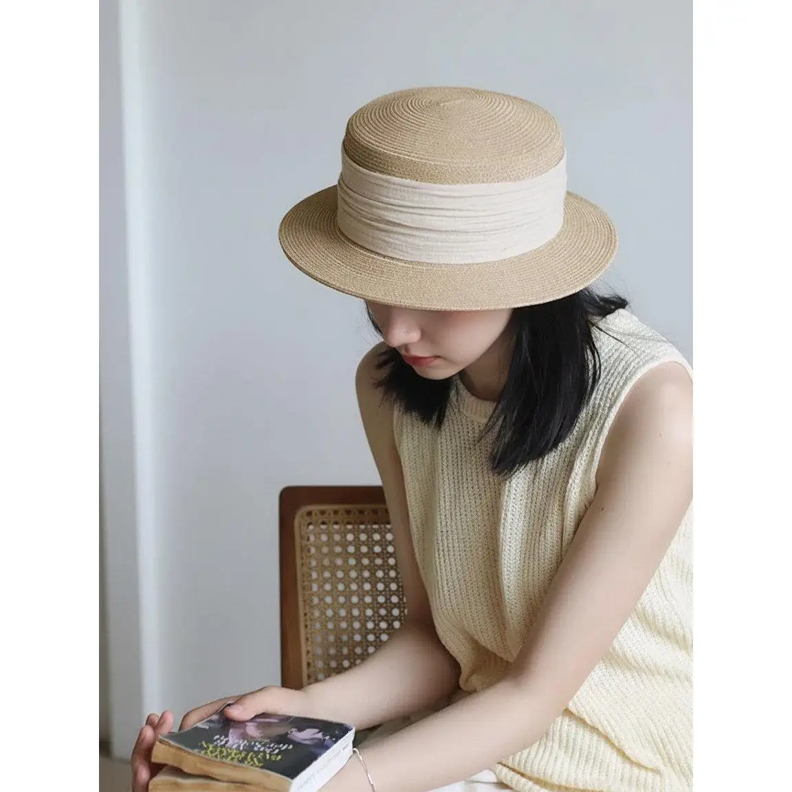 chapeau-de-paille-a-calotte-plate-pour-femme-protection-solaire-d'ete-casquette-de-peche-bord-large-reglable-confortable-non-pliable-pour-la-plage