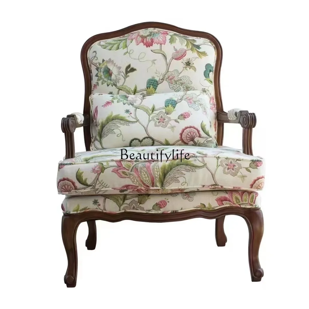 

American Country Leisure Fabric Single Sofa Pedal Idyllic Living Room Balcony Solid Wood Wingback Chair