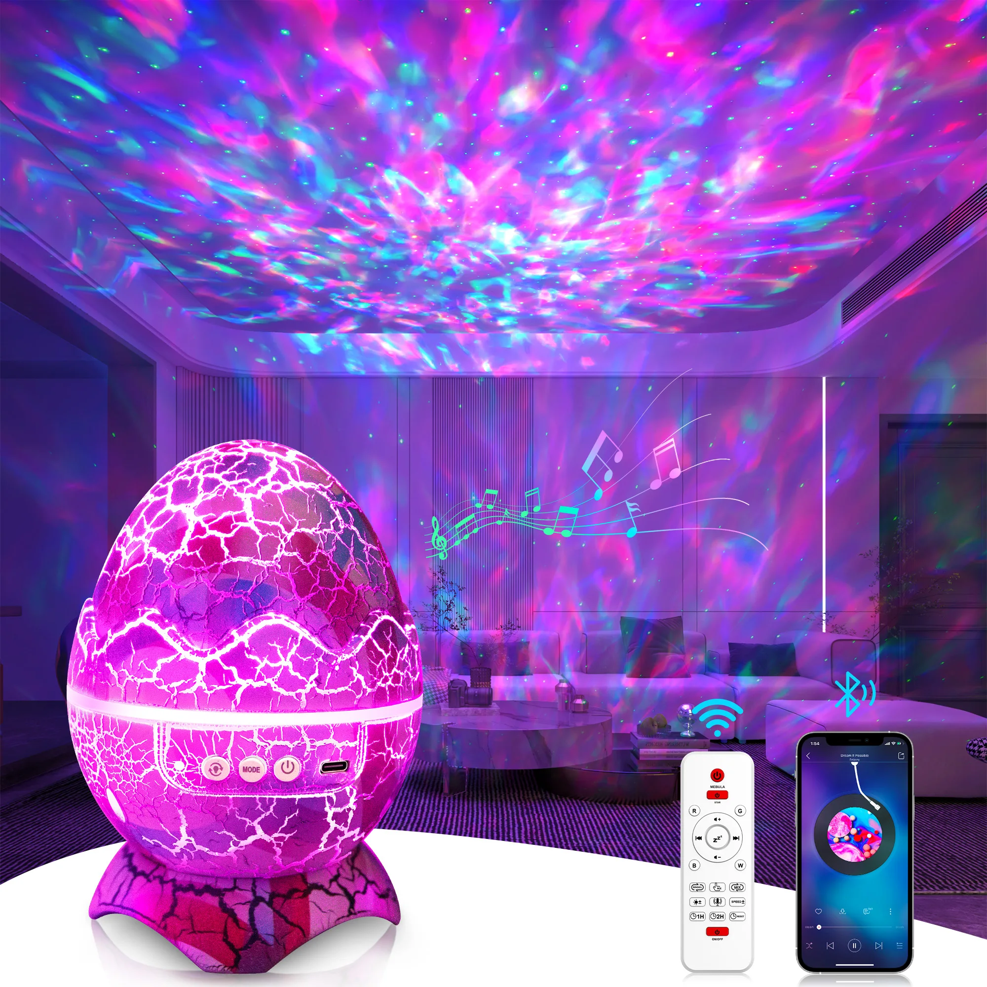 Dinosaur Egg Galaxy Star Projector Starry Light ,360° Rotation Night Light Projector with Remote White Noise Timer BT