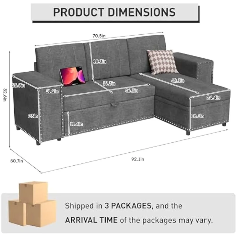 Sofá-cama, sofá-cama com cama removível, sofá em forma de L com espreguiçadeira de armazenamento, sofá doméstico para sala de estar, escritório