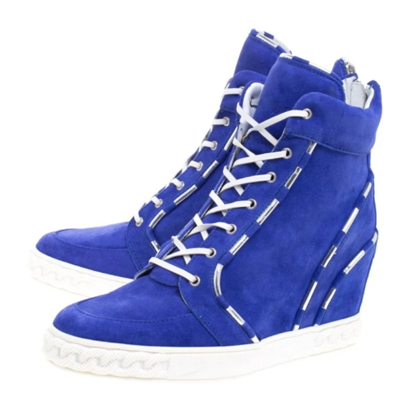 

Treasure Blue Suede Silver Strap Crossed Inner Wedge Ankle Boots Hidden Increased Heels Women High Top Sneaker Short Boots