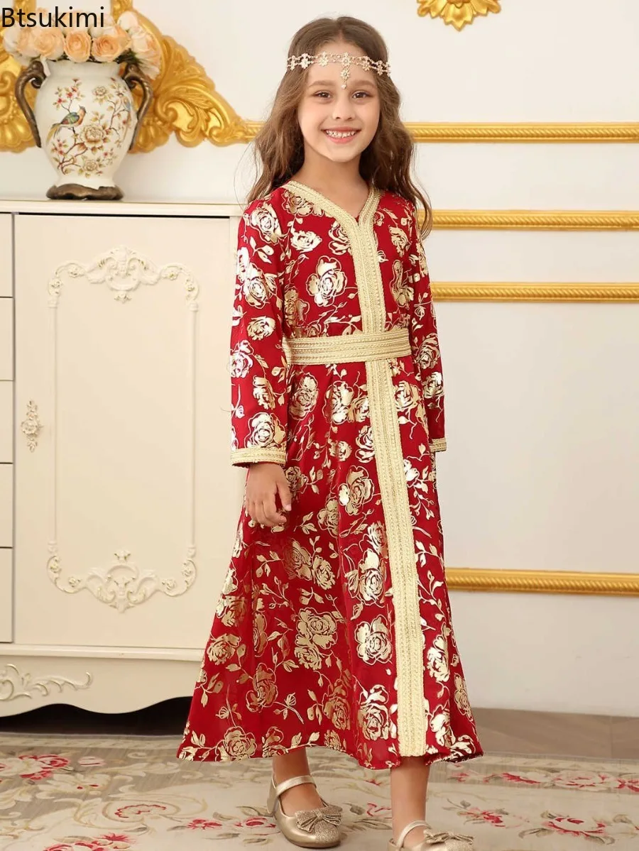 Arabic Dubai Gowns Girls Muslim Dress Middle East Clothes Fashion Birthday Party Prom Dresses Ethnic Style Islamic Kaftan Robes 2