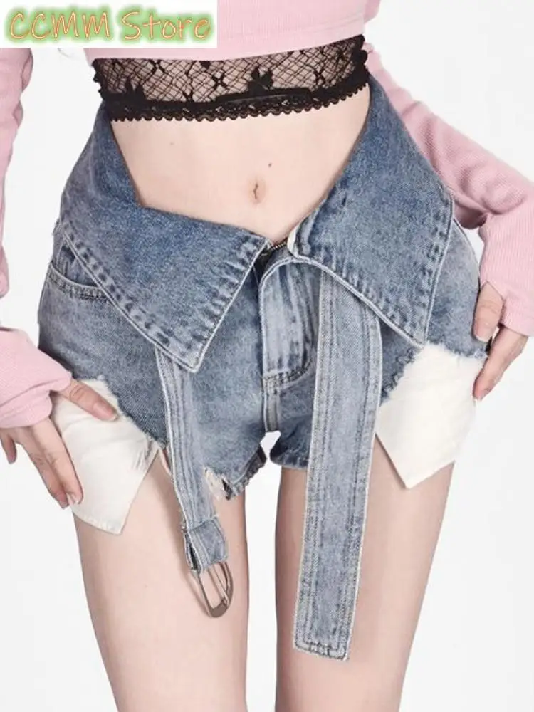 New Summer Bule Fashion Shorts Women Patchwork Korean Style Designer Denim Pants Female High Waist Casual Vintage Pants