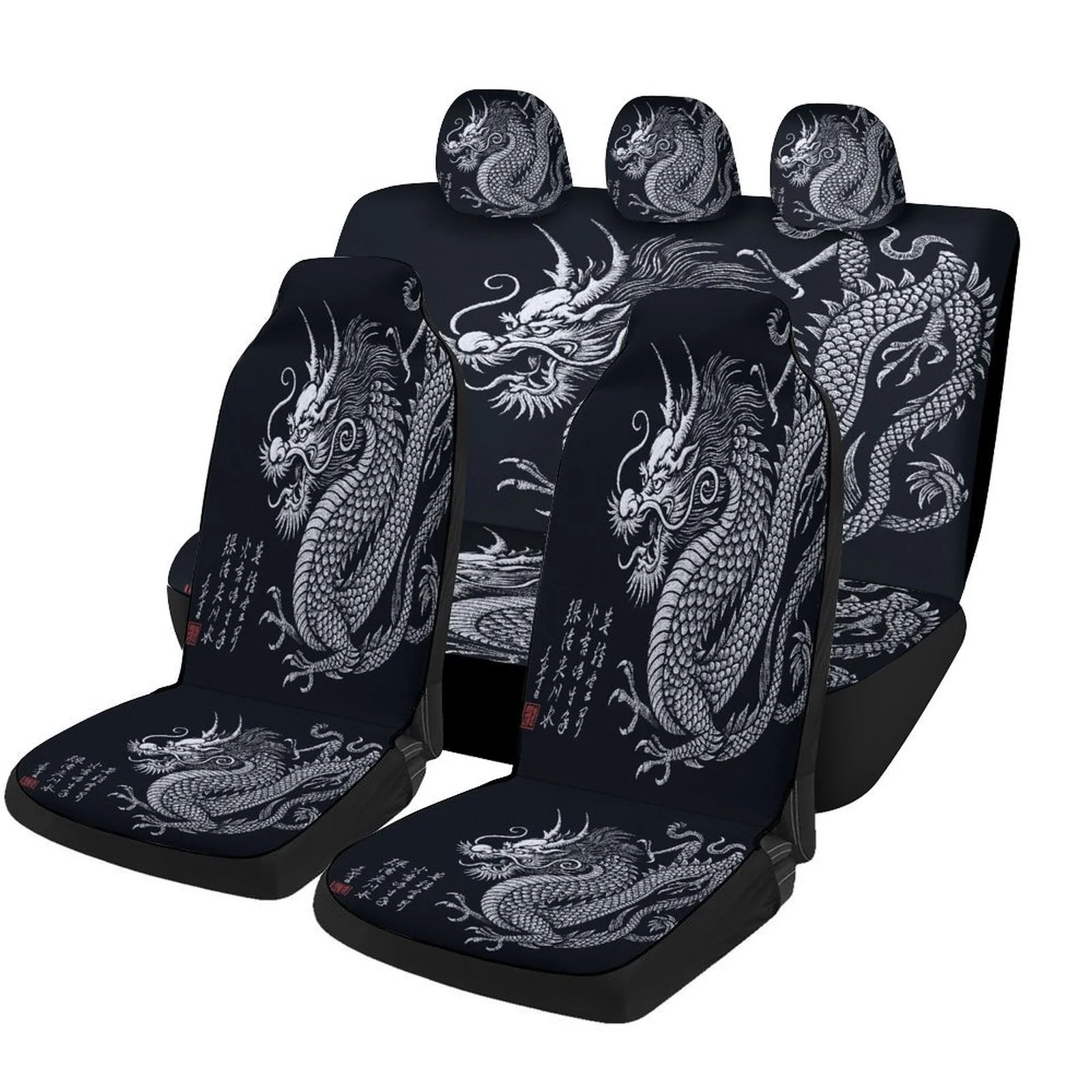 Dragon Illustration Themed Car Seat Cover Set For Most Cars, Trendy High-quality Car Seat Protector Covers Full Set, Universal C