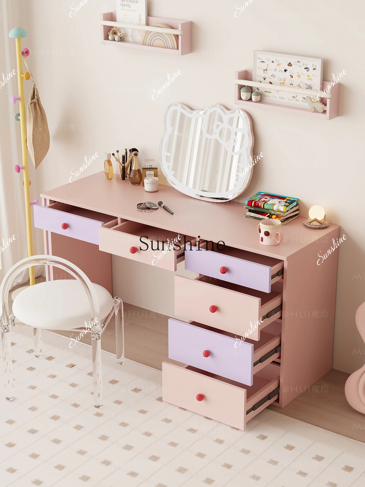Bedroom contrasting color makeup storage integrated cabinet cream simple locker  FT