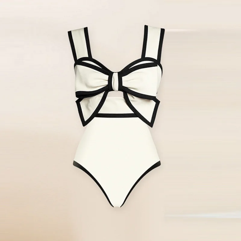 2024 Black White Retro One Piece Swimsuit Women Bow Tie Swimwear with Skirt Sexy Bathing Suit Monokini Beach Bodysuit Beach Wear