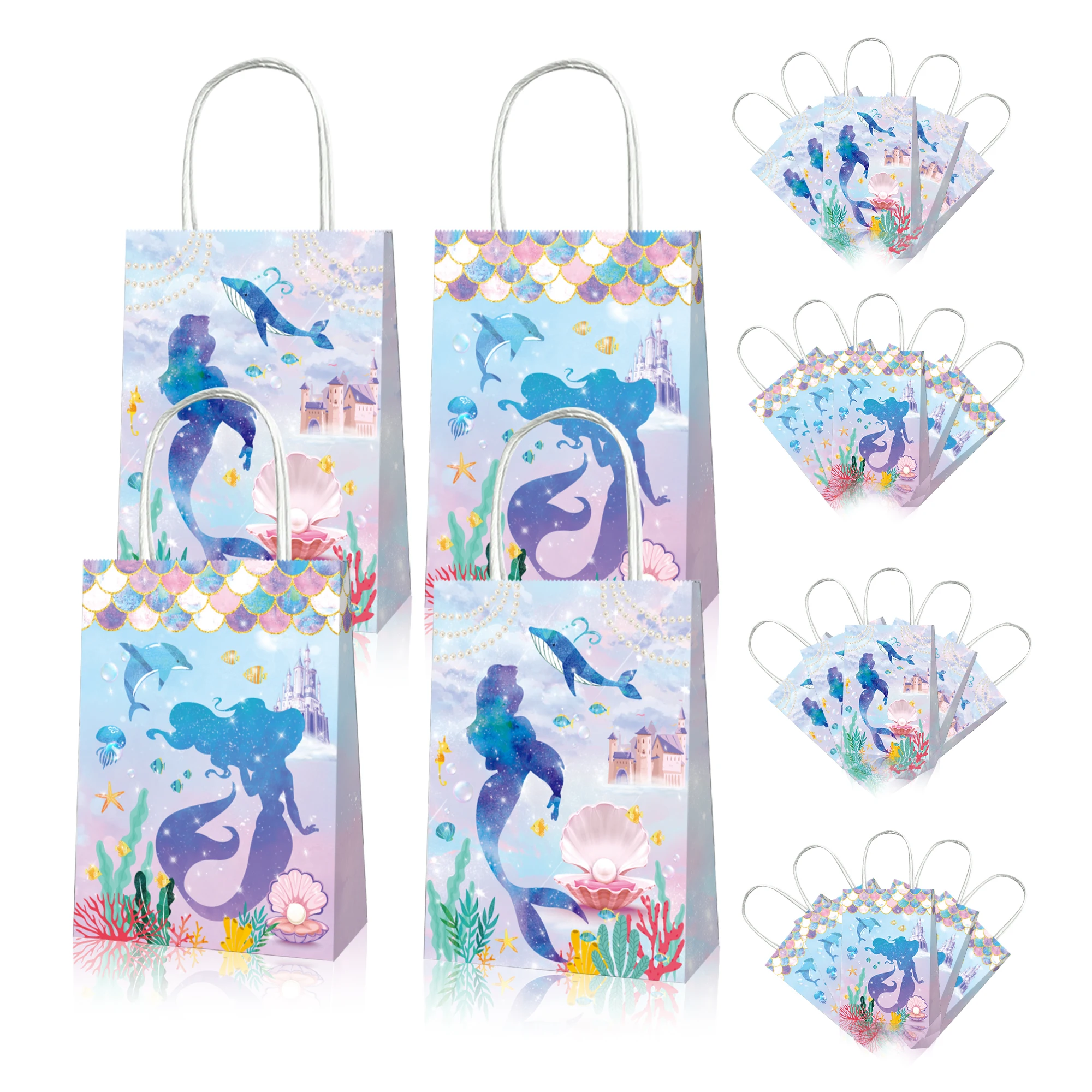 BD058 12Pcs Cartoon Sea Mermaid Shell Dolphin Birthday Party Portable Packing Tote Paper Gift Bags Baby Shower Party Decorations