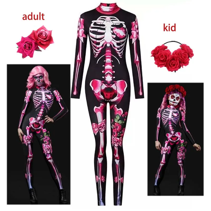 Adult Kids One Piece Day of the Dead Rose Skeleton Jumpsuit Halloween Costume