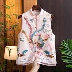 New Chinese Style Vest Satin Phoenix Embroidered Stand Collar Buckle Jacket Temperament Vintage Elegant Woman Cropped Vest Coat