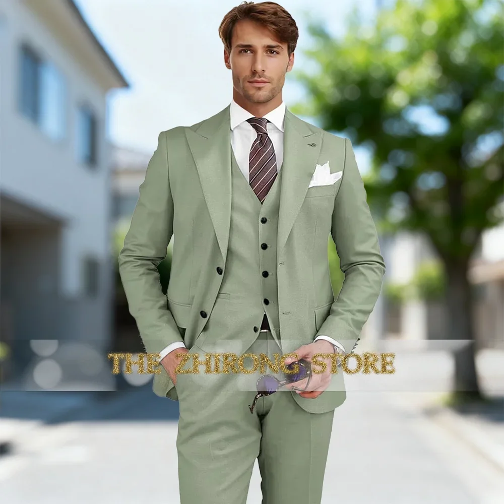 

Mens Sage Green Suit 3 pcs Jacket Vest Pants Custom Formal Set for Wedding Homecoming Graduation Prom Tuxedo Dinner Party