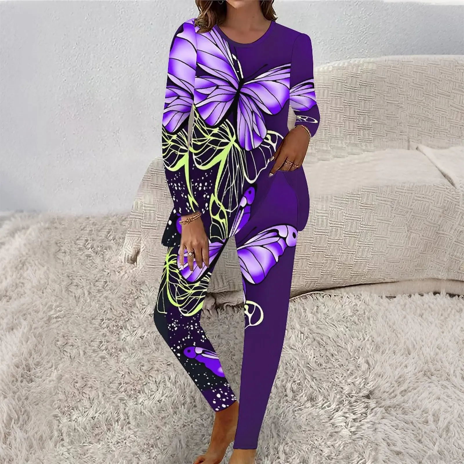 2 Piece Round Neck  Everyday Commuting Clothes  Beach Vacation Tight-fitting Sweatpants Women Print  Two Piece Set