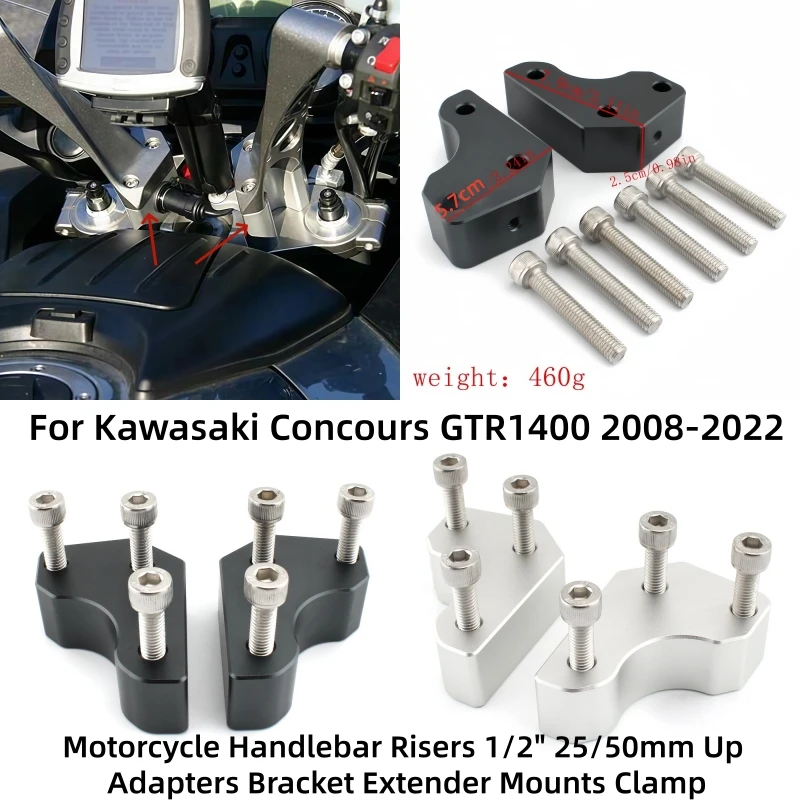 Rehausseurs de guidon de moto 1/2 " 25/50mm, adaptateurs de fixation, supports d'extension, pinces pour Kawasaki Concours 1400 GTR1400 2008-2022
