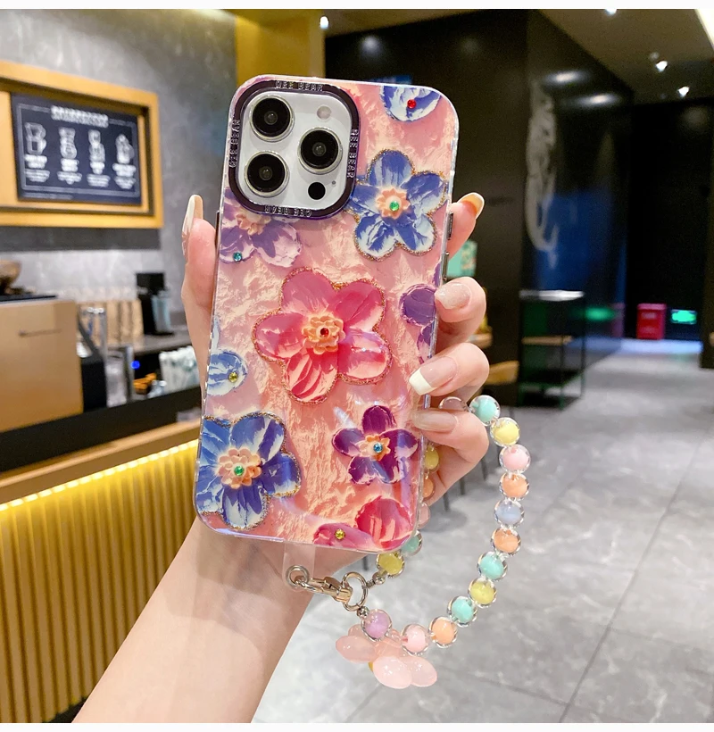 Phone Case with Long Rope,Metal Lens Frame,Beautiful Flower Necklace,Oil Painting Back Cover, iPhone 11,12,13 Pro Max,14,15 PLUS