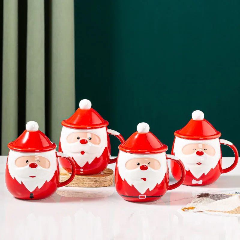 Creative Santa Claus Mugs With Lid Christmas Ceramic Mugs Drinkware Cup Tazas Christmas Decoration Couple Kids Christmas Gifts