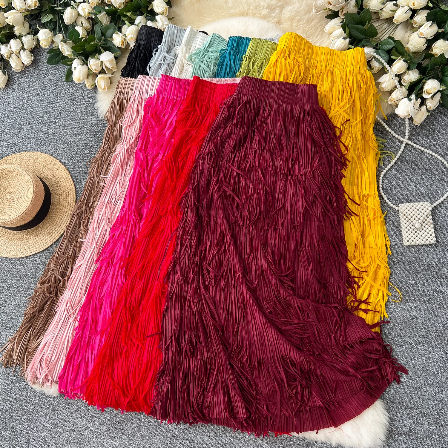 Elegant Tassel High Waist Women Elastic Waist Vintage Pleated A-line Skirt French High Street Streetwear Autumn Basics Clothing