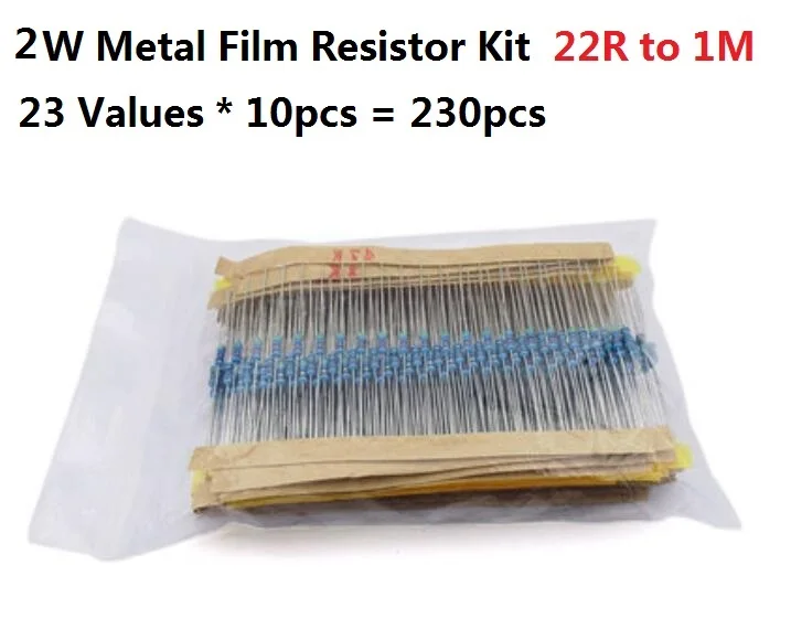 23values*10PCS=230PCS  22R-1M 2W 1% Metal Fillm Resistor Kit Set Assort Pack 51R 100R 1K 100K 120K 150K 200K 300K 470K 510K 680K