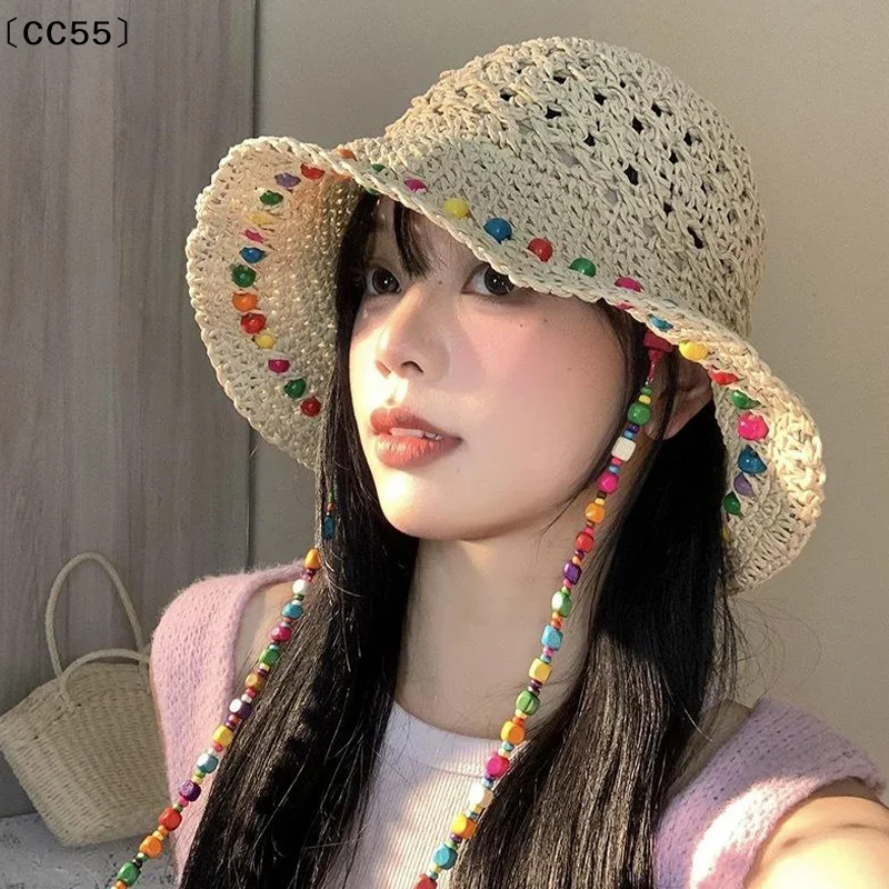 

tipoCC55 pratiqueCC55larlaМодная красочная соломенная шляпа с деревянными бусинами для женщин летом с большими полыми полями Солнцезащитная шляпа Складная рыбацкая шляпа