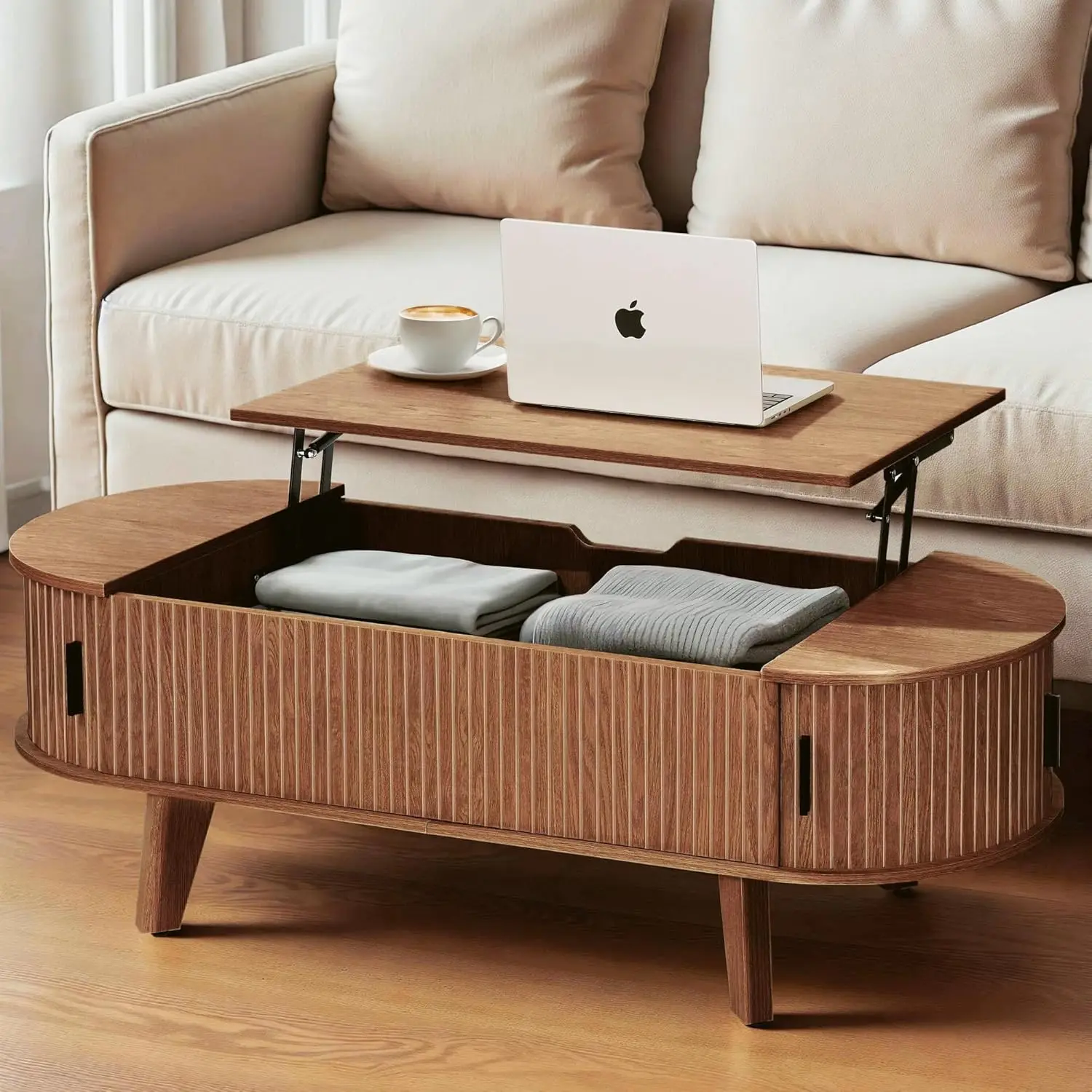 

47.2" Oval Lift Top Coffee Table with Storage - 180° Sliding Tambour Door Wood Fluted Table