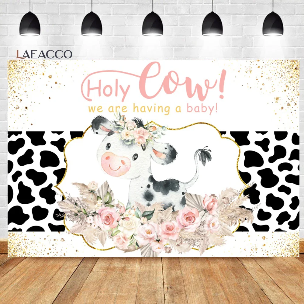 

Laeacco Holy Cow Baby Shower Backdrop Farm Animals Gold Glitter Pink Floral Newborn Portrait Customized Photography Background