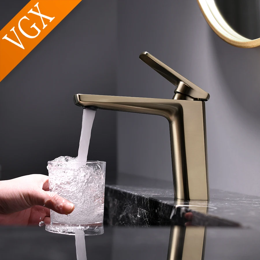 VGX Brushed Gold Bathroom Faucets Square Basin Mixer Sink Faucet Gourmet Washbasin Tapware Modern Hot&Cold Water Tap Brass