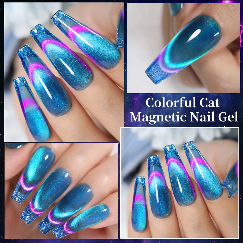 LILYCUTE 7ml Sparkling Rainbow Cat Magnetic Gel Nail Polish Blue Purple Double Light Reflective Glitter Colorful Laser Nail Gel