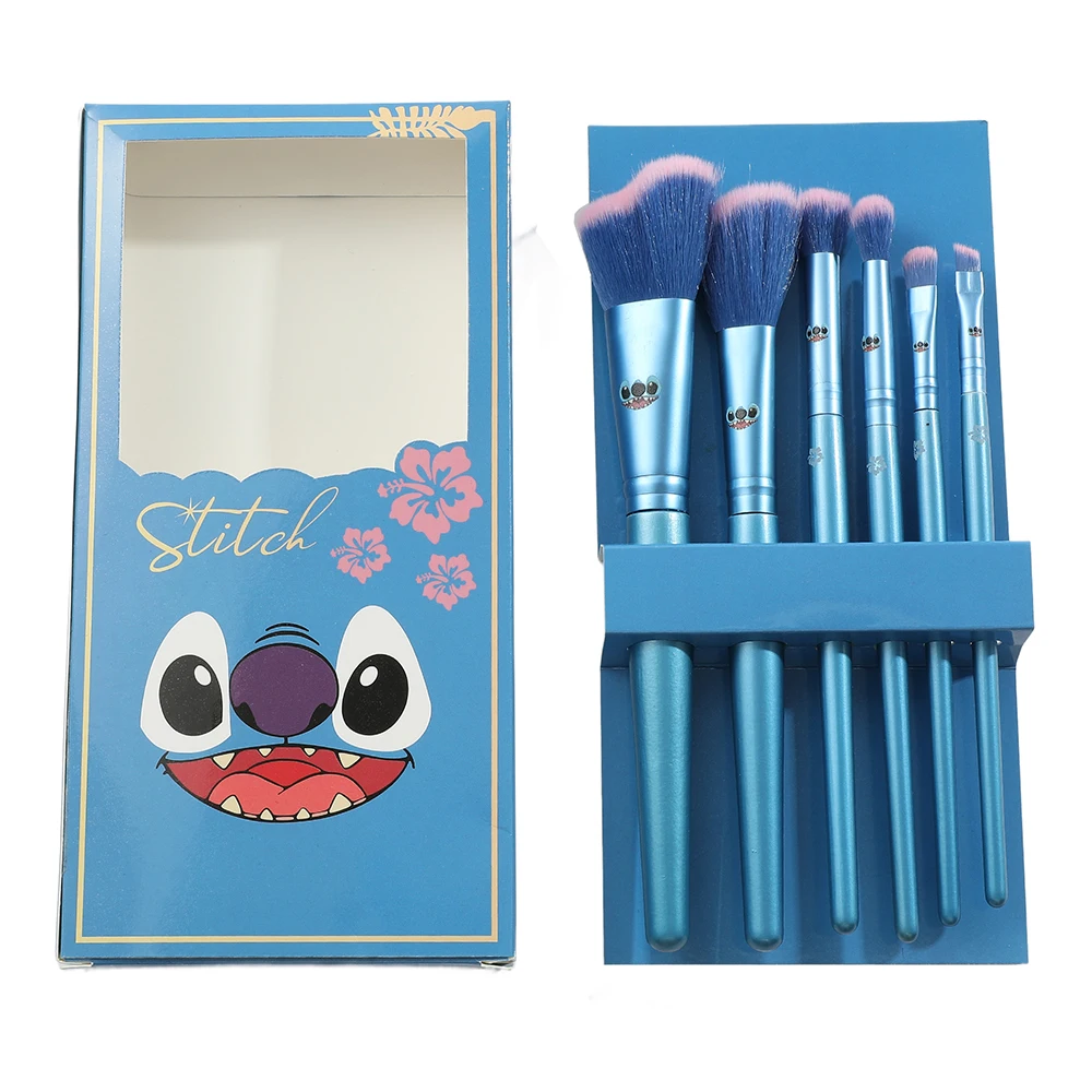 6Pcs Anime Cartoon Stitch Makeup Brush Set Y2K Fashion New Women's Wooden Eyeshadow Brush Loose Powder Brush Gift for Friends