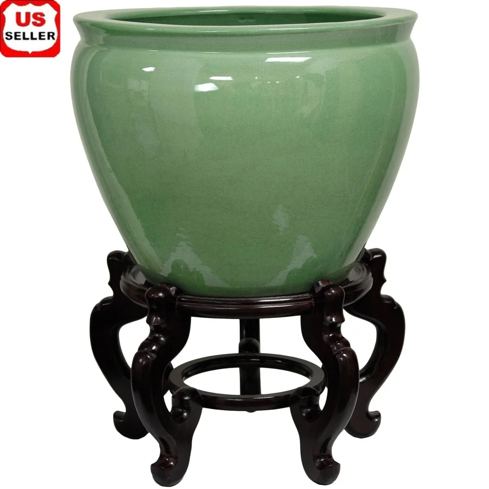 

Celadon Porcelain Fishbowl Traditional Chinese Ceramic Aquarium Decorative Planter High Gloss Durable Home Garden Decor 12 Inch