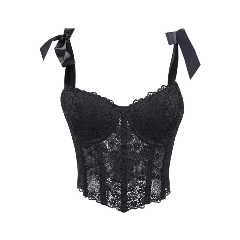 

Модный женский сексуальный кружевной корсет со стальным кольцом, укороченный топ на бретельках без рукавов, однотонный камзол на бретелях