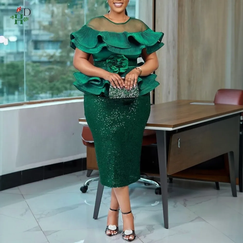 فساتين H&D الأفريقية للنساء مقاس كبير مكشكشة شفافة - بلوزة كتف مع بيبلوم متألقة بالترتر فستان حفلات الزفاف