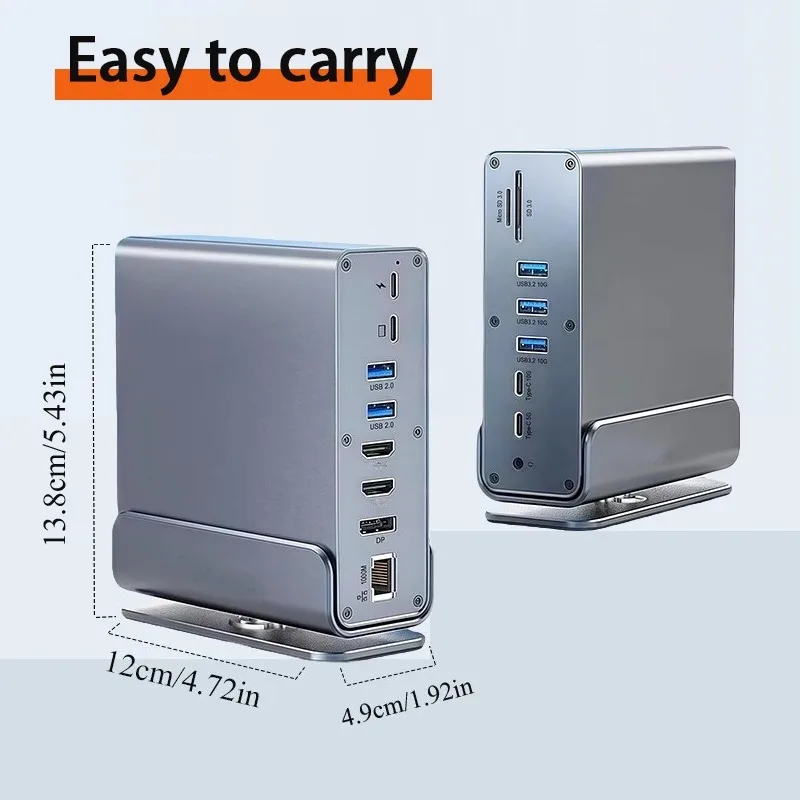 Vertical Docking Stations 16-in-1 USB TYPE C Hubs with Triple Monitor HDMI-compatible 4K60Hz/RJ45 1000M/USB3.0/PD100W