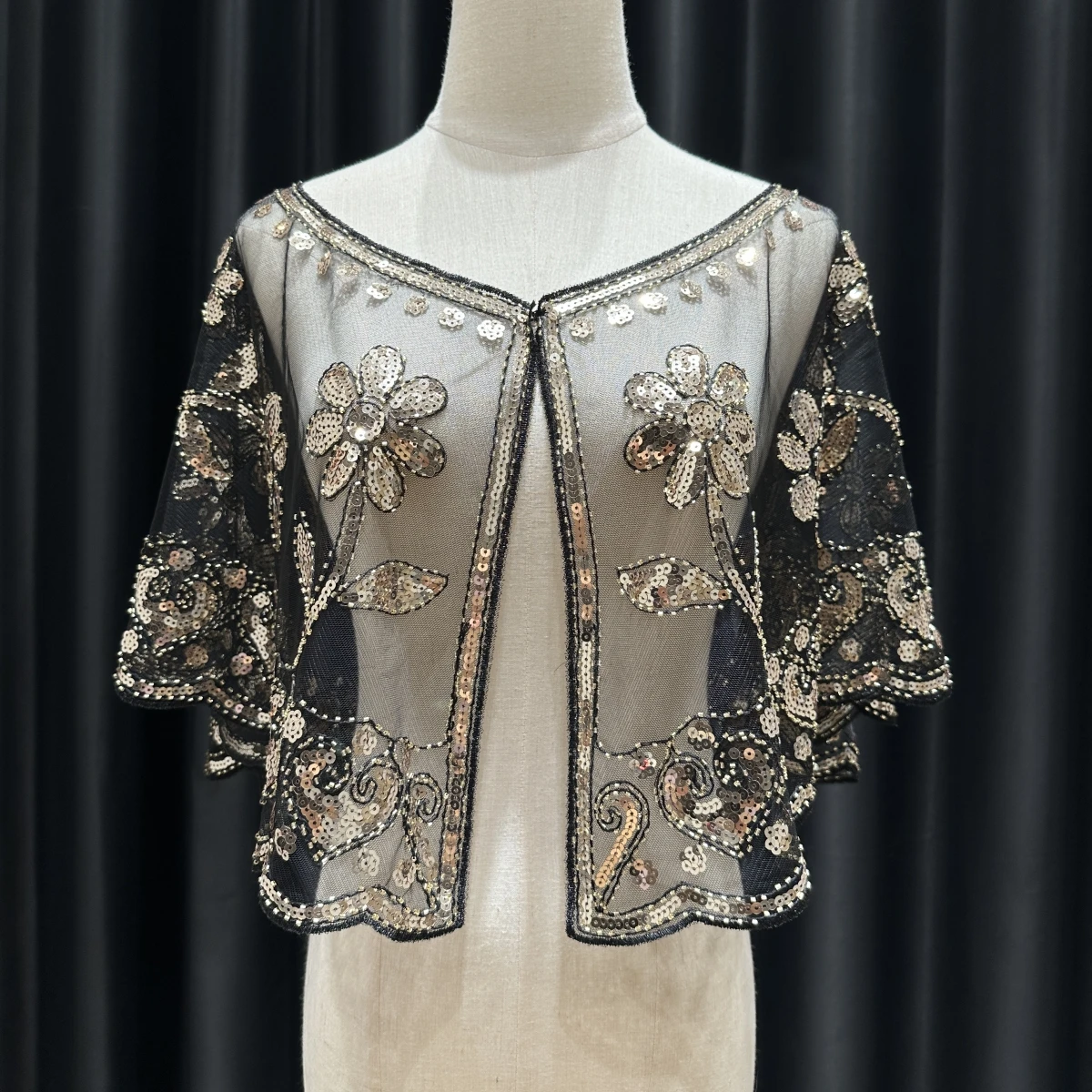 Elegant Sequin Bead Floral Mesh Shawl Vintage Inspired Short Cape with Black Trim Breathable  for Evening