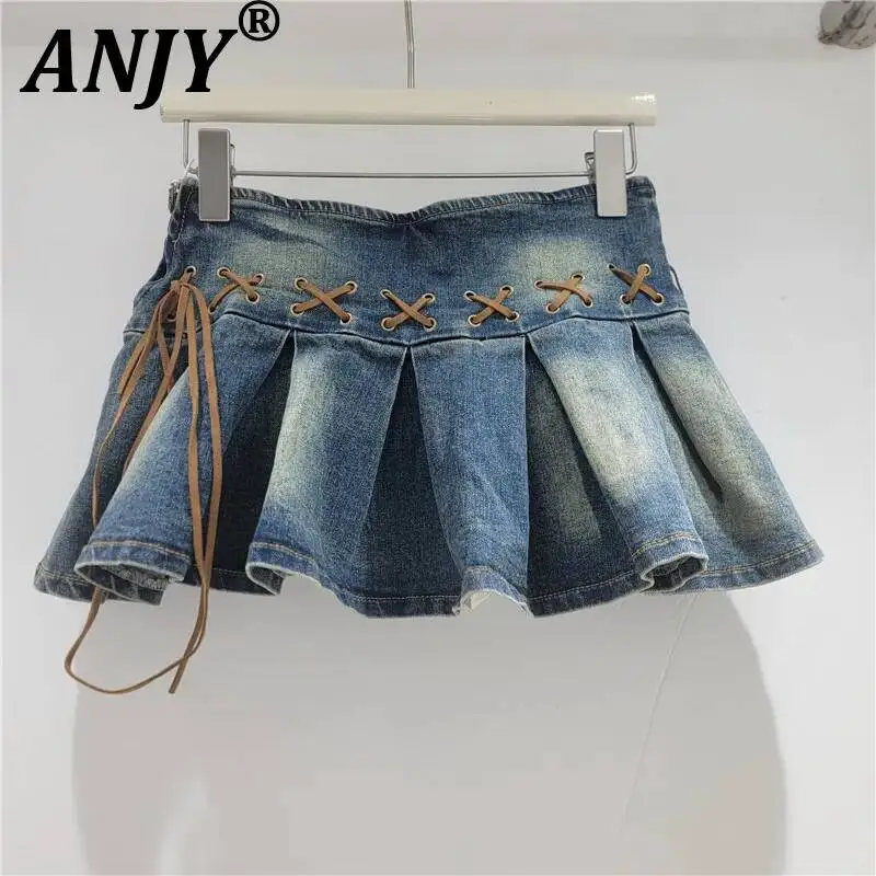 ANJY Spring Summer New Women Distressed Cross-Strap Bandage Pleated Denim Skirt Vintage Fashion Trend Hot Girl Ins Skirts A25905