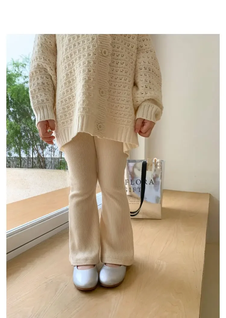 Adorable 1-8Y Children Girl Pants Summer Spring 2026 Kids Girls Ice Silk Ribbed Pants Casual Elastic Waist Bell Bottom Trousers