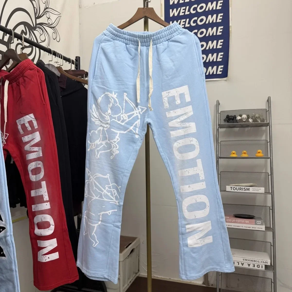 

Harajuku Black Washed MIXED EMOTION Pants Men Women Little Angel Print Trousers Jogger Drawstring Sweatpants