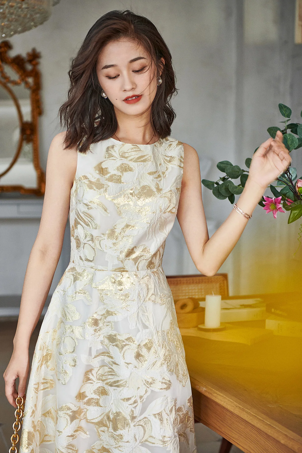Original Design Floral Jacquard Drss Women Sleeveless Zipper