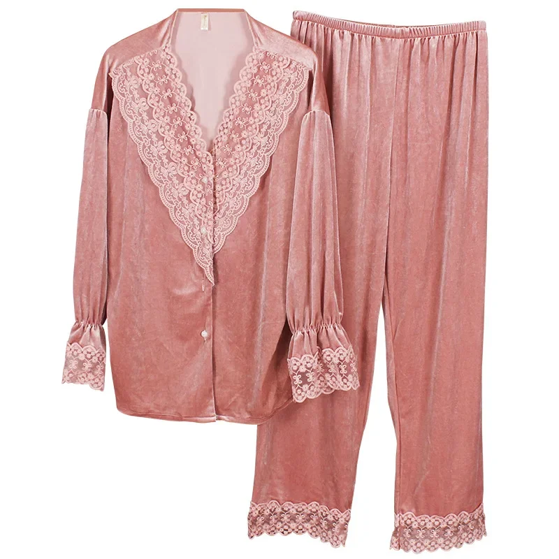 Pijamas de terciopelo dorado para mujer, pijamas estampados de encaje de manga larga de sección delgada para mujer, pijamas dulces para el hogar para primavera y otoño