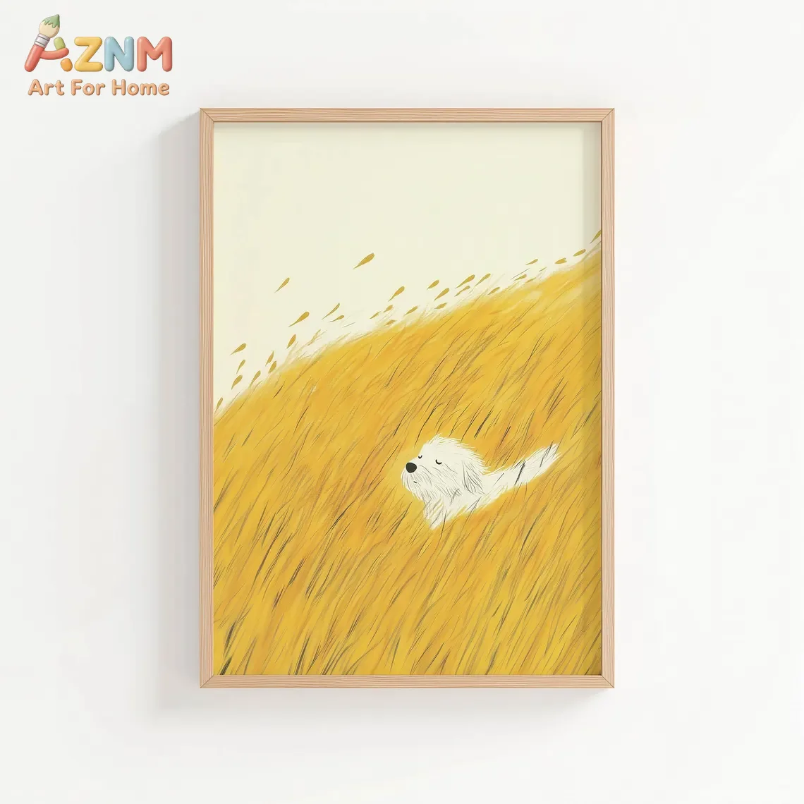 AZNM - Impresión artística en lienzo de cachorro blanco adorable en campo de trigo dorado, ilustración minimalista de perro de dibujos animados en amarillo cálido, para amantes de las mascotas