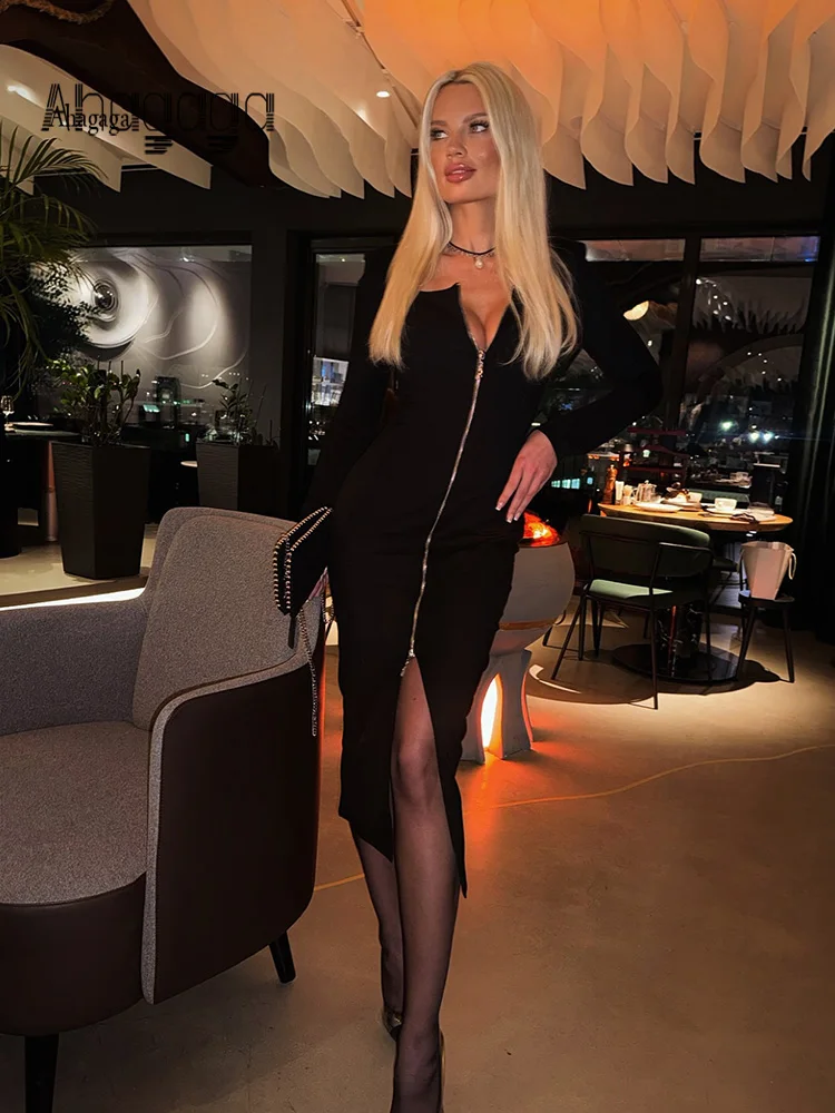 

Ahagaga Fashion Women's Dresses Solid Square Collar Long Sleeves Zipper Sheath Slim Fit Regular Casual Streetwear Basic Vestidos