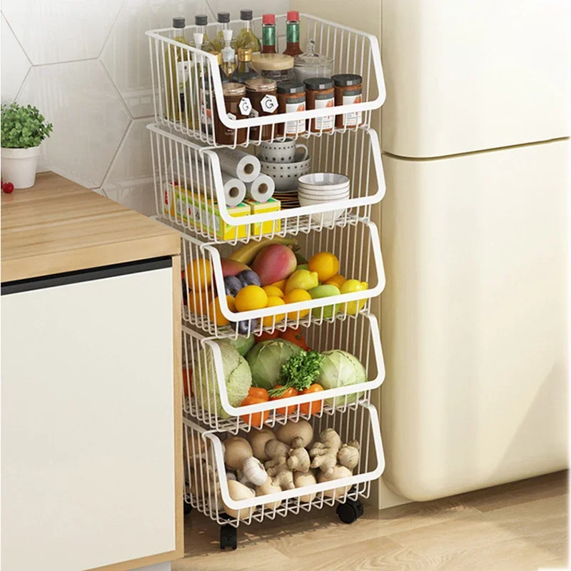 

Floor Kitchen Storage Racks Multi-layer Movable Fruit and Vegetable Toy Pot Rack Storage Racks Stainless Steel Trolley Basket