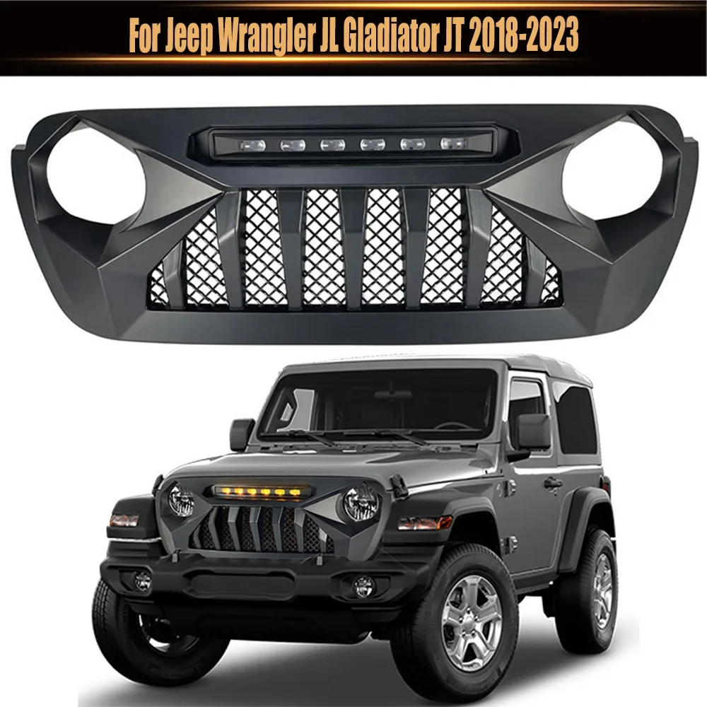 

Demon Matte Black Amber Spotlight Style Front Bumper Grille Racing Grill Guard Grid For Jeep Wrangler JL Gladiator JT 2018-2023