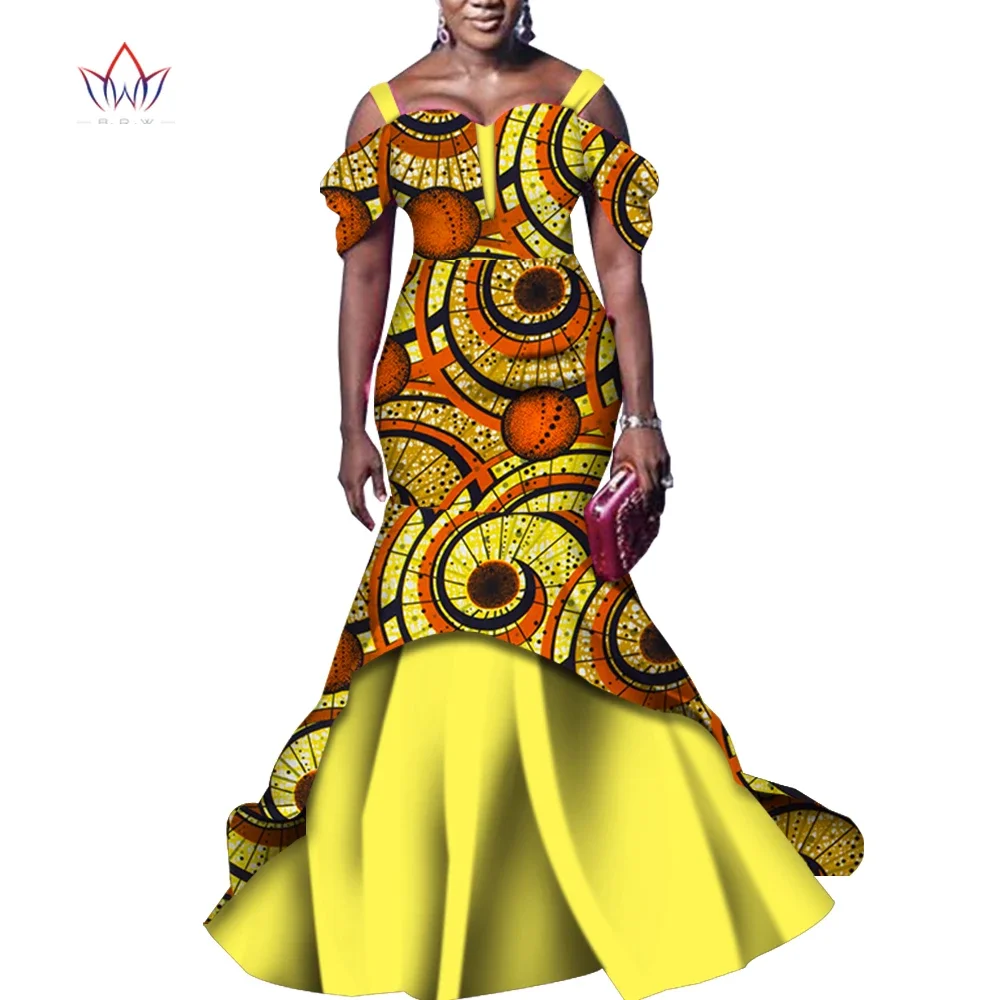 

Bintarealwax African Dresses for Women Off Shoulder Strap Ankara Clothes Vestidos Elegant Printed Long Mermaid Dress WY4983