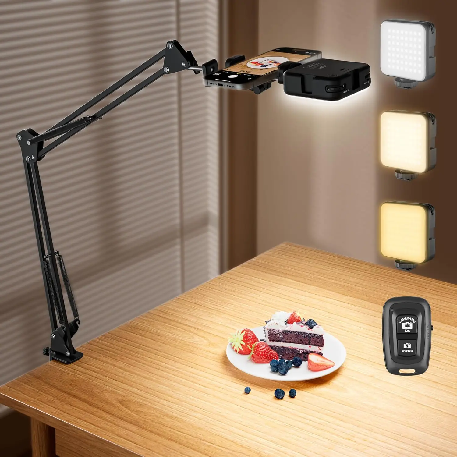 Soporte para Teléfono con Luz LED para Selfies y Control Remoto Bluetooth, Anillo de Luz Recargable con Trípode y Brazo Flexible