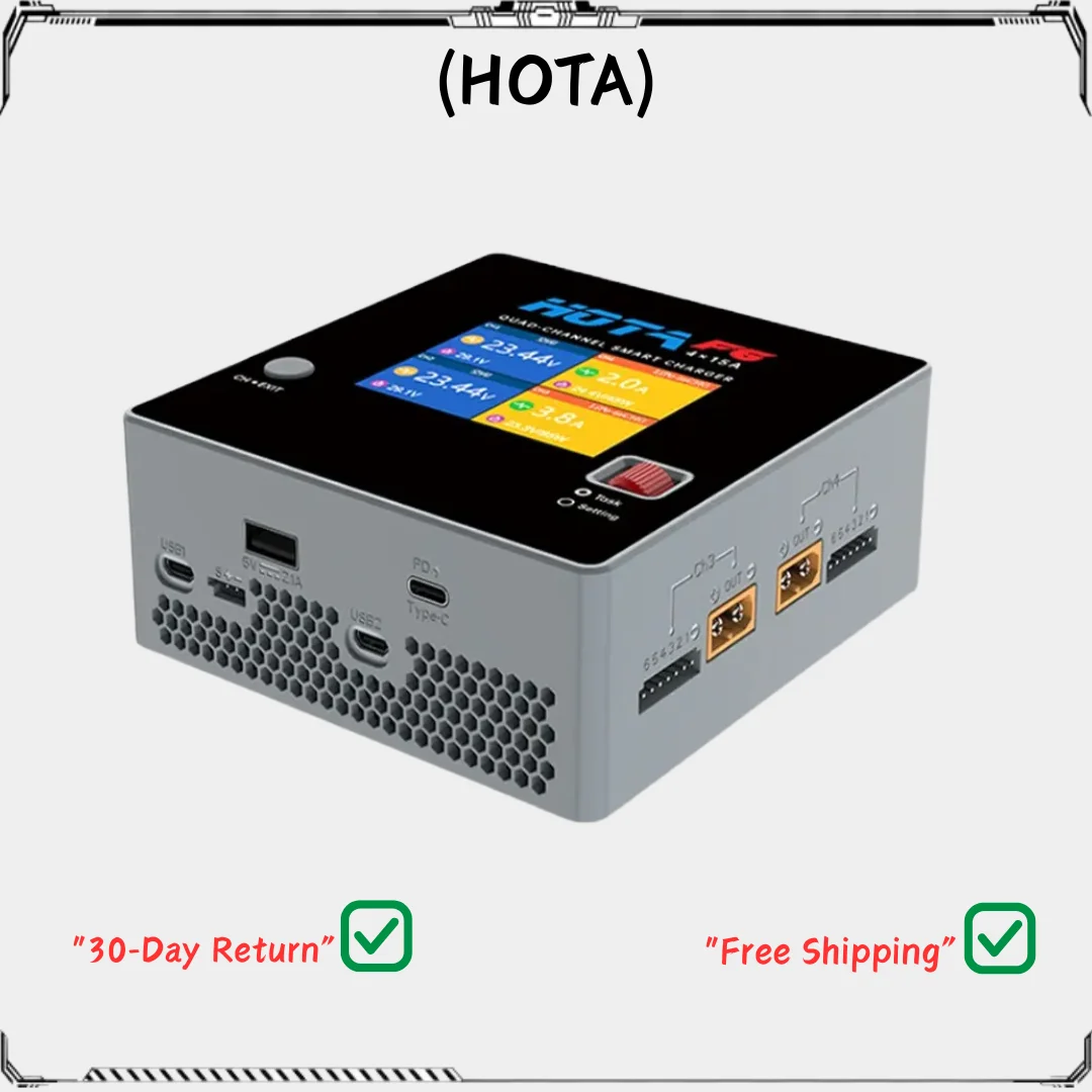 

HOTA F6 QUAD-CHANNEL SMART Charger DC1000W 4*15A for Lipo LiIon NiMH Lipo Battery Balance Charger Discharger with USB 45W Type-C