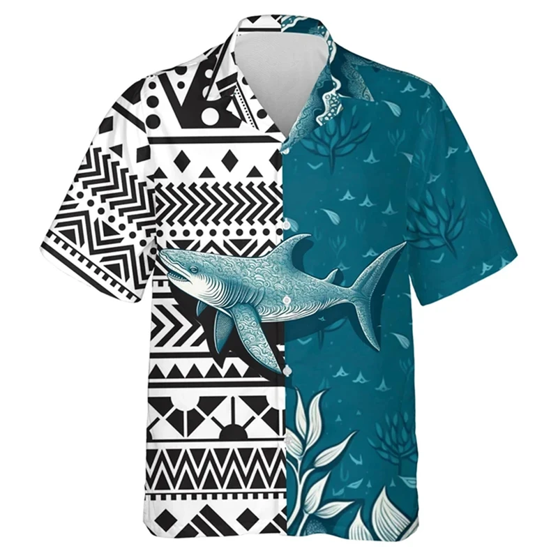 Shark Pattern Fishing 3d Printing Men's Shirts Short Sleeve Tops Summer Beach Clothing Male Casual Lapel Tops Oversized Shirt