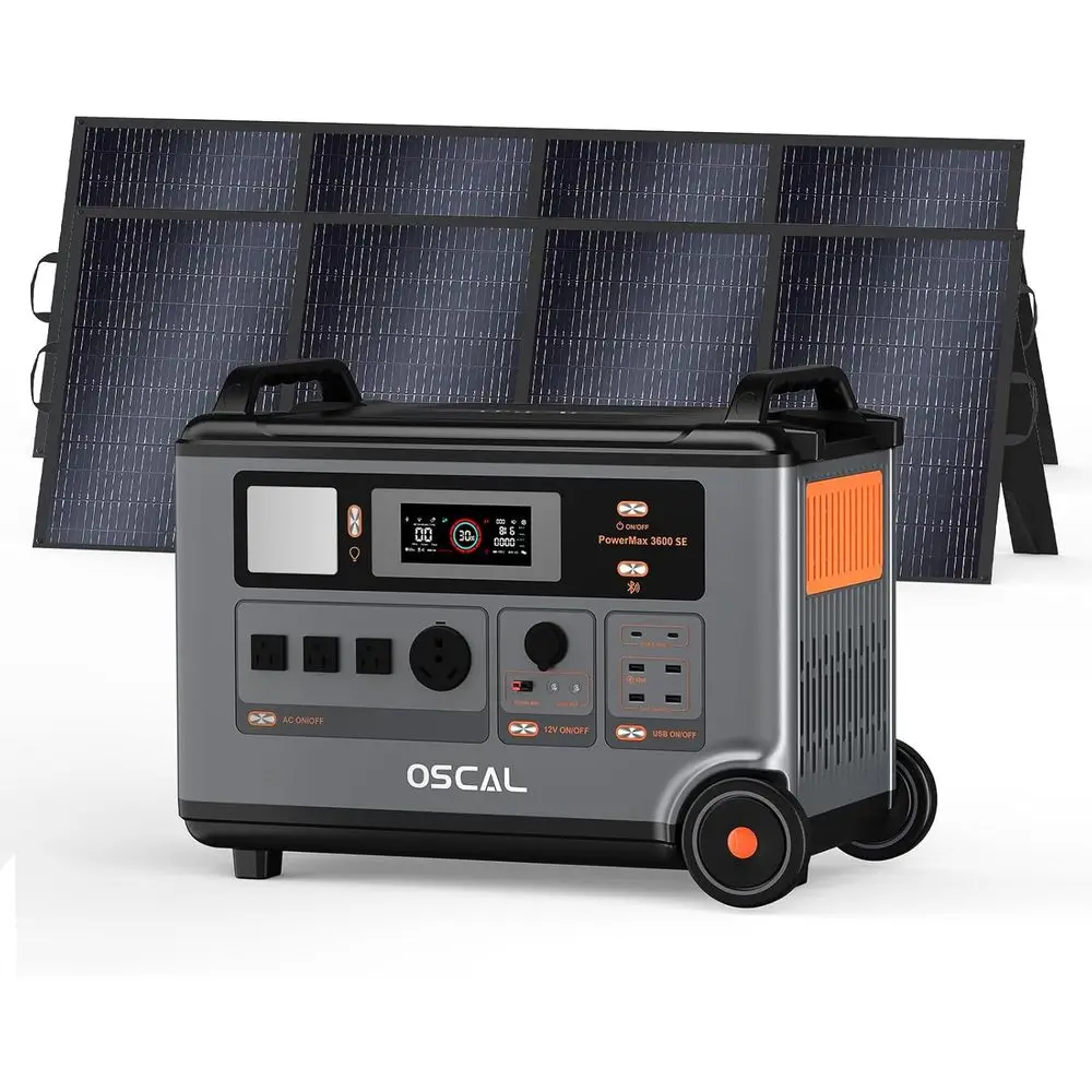 Estación de Energía Portátil OSCAL 3600Wh PowerMax 3600 SE con 2 Paneles de 400W, Salida de 3600W (Pico de 7200W), Generador LiFePO4 para Hogar