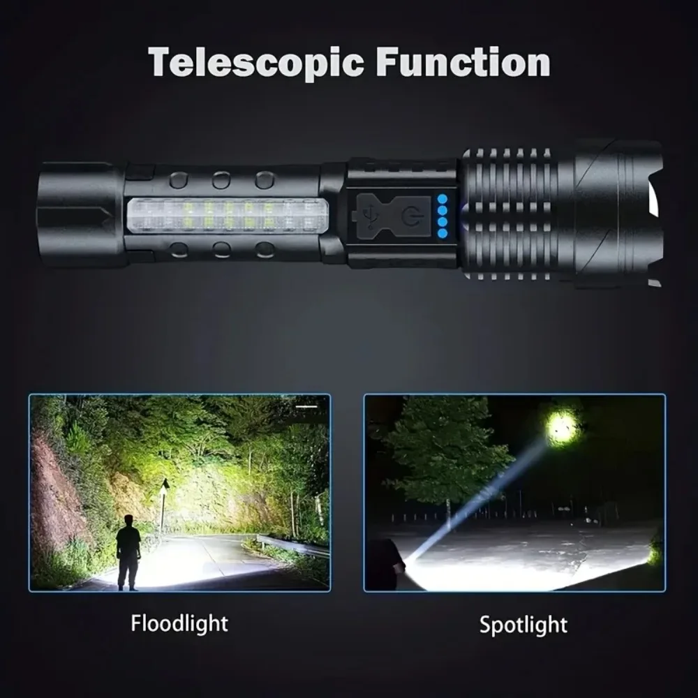 Powerful XHP50 LED Flashlight Waterproof Torch With Side Light 7 Modes Camping Fishing Lantern Type C Rechargeable Zoom Lamp
