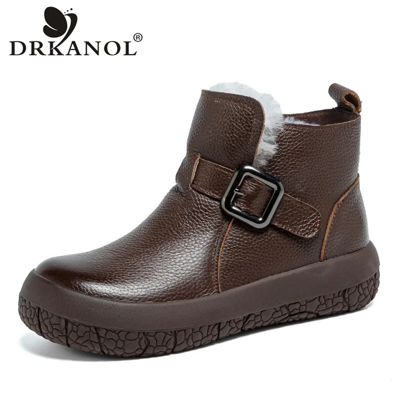 

DRKANOL Women Snow Boots Winter Wool Shearling Fur Flat Platform Warm Ankle Boots Quality Genuine Leather Casual Cotton Boots