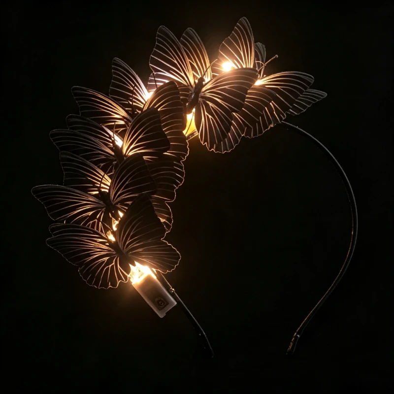 Light Up LED Butterfly Headband, Glowing Colorful Hair Hoop with Soft Fabric Butterfly, Lightweight Secure Headpiece Photoshoot