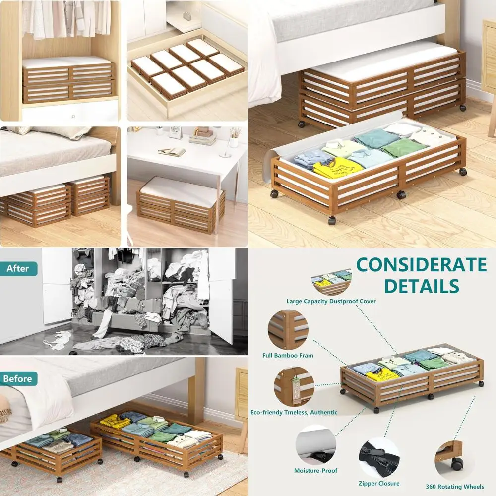 

Rolling Underbed Storage Containers with Wheels and Large Dust Bag, 2-Pack Wooden Shoe Organizers (Walnut, Long)